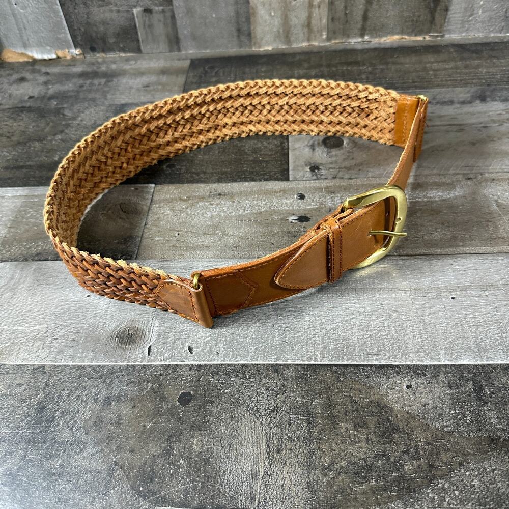 Vintage Liz Claiborne Brown Braided Leather Belt Womens Sz Medium Woven Brass - Picture 7 of 9